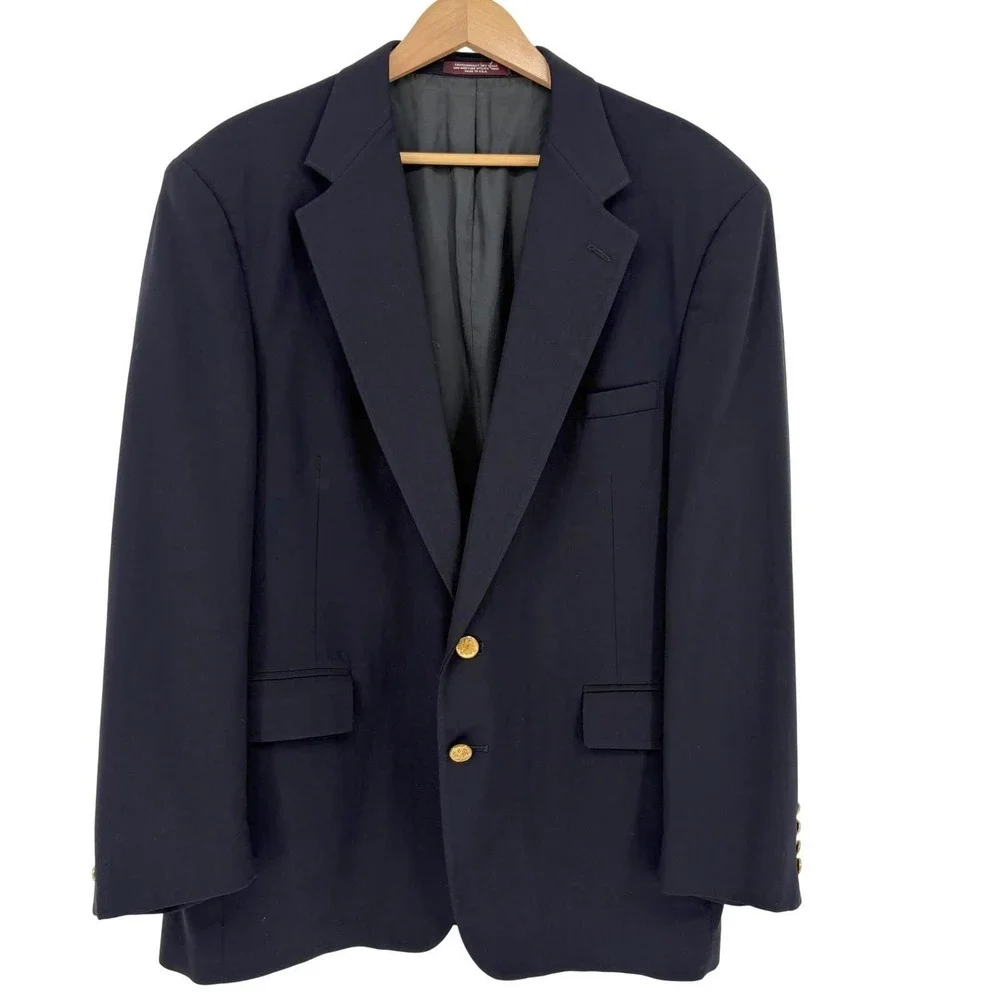 Vintage Evan-Picone Navy Blue Blazer 100% Pure Wool Gold Crest Button Rich's 48L